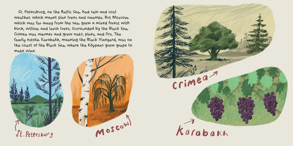 Interior page from CLIMATE,with scientist Koppen, who drew the first climate maps. Nonfiction picture book, 7-12 year olds.