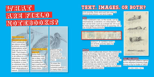 Pages 2-3 Field Notebooks, nonfiction STEM picture book looking at scientists notebooks to teach us how to write about science. Ages 7-12.