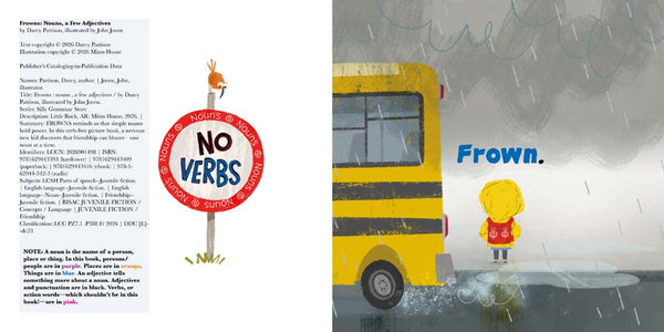 Illustration of a yellow bus with a child frowning next to a sign that says 'No Verbs'.
