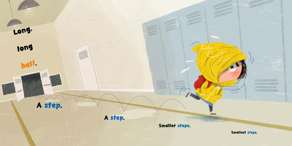 Illustration of a child in a yellow raincoat walking in a school hallway with text about taking steps.