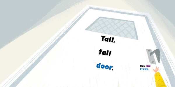 A stylized illustration of a tall white door with the words 'Tall, tall door.' printed on it, plus a small hand in a yellow sleeve holding a key near the right edge.