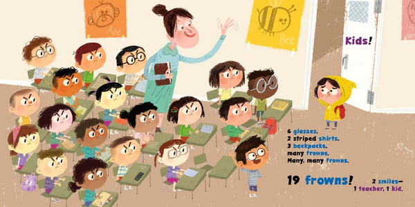 Illustration of a classroom with 19 children and a teacher, a scary new classroom for the new girl.