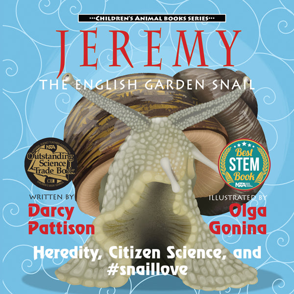 Book cover of 'Jeremy the English Garden Snail' with a snail illustration on a blue background.