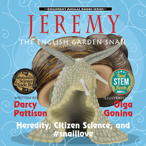 Book cover of 'Jeremy the English Garden Snail' with a snail illustration on a blue background.