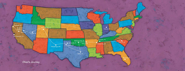 Page from The Journey of Oliver K. Woodman.. U.S. geography, an American map shows the route taken by the wooden man across middle America.