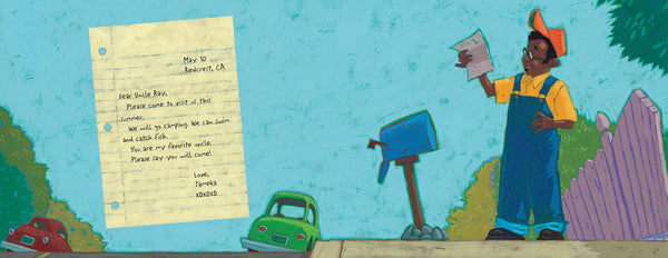 Page from The Journey of Oliver K. Woodman, Uncle Ray reads a friendly letter from his niece Tameka. 